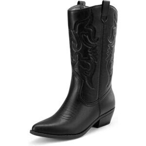 DREAM PAIRS Womens Black Cowboy Western Cowgirl Boots Pointed Toe Wide Calf